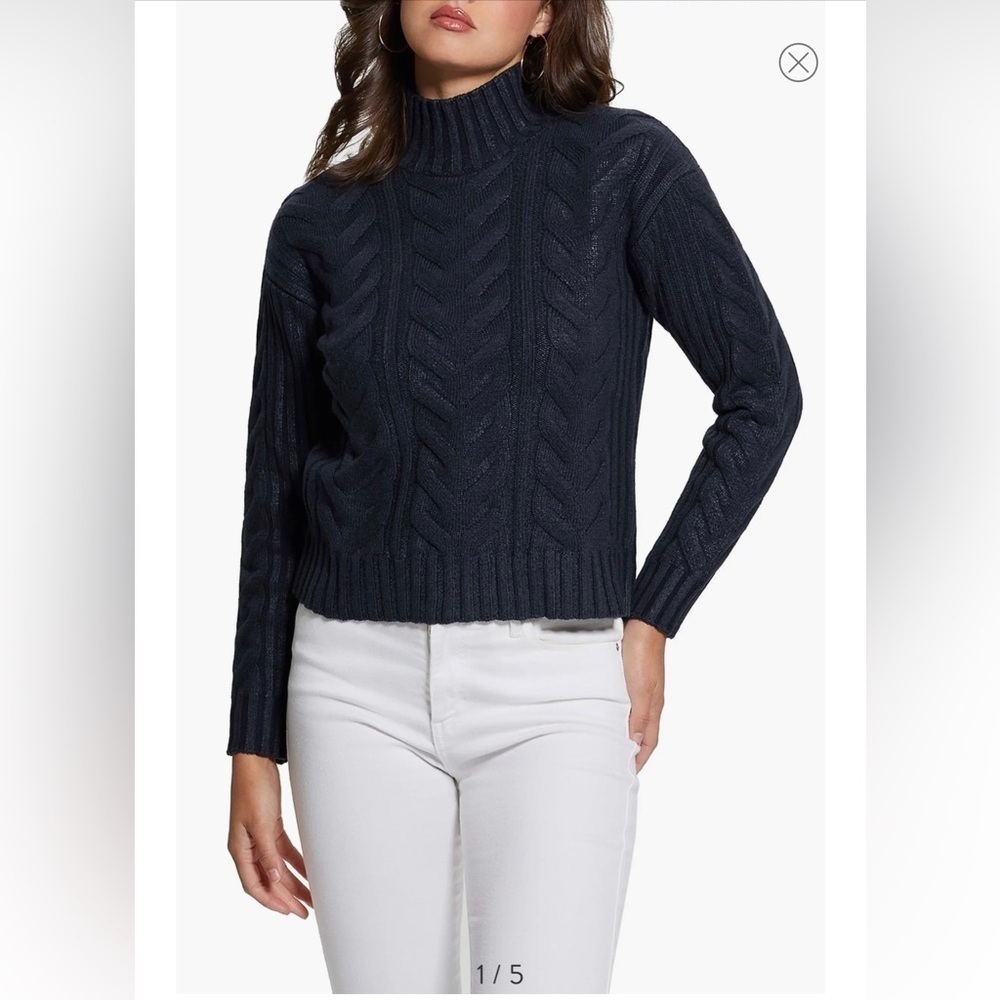 Guess Diane Foil Cable Mock Neck Sweater in Blue XL